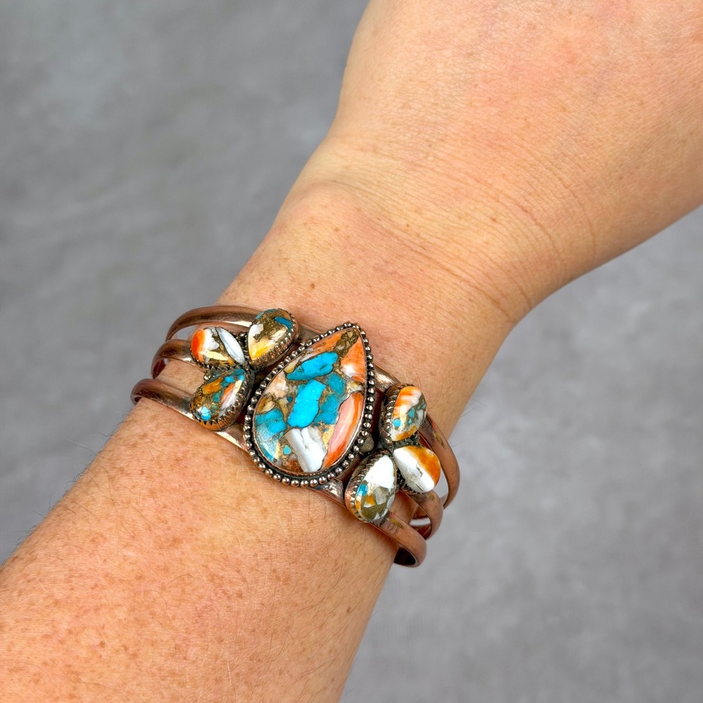 Copper Cuff Bracelet Spiny Oyster Turquoise Multi Stone Southwest BOHO Size 6-8